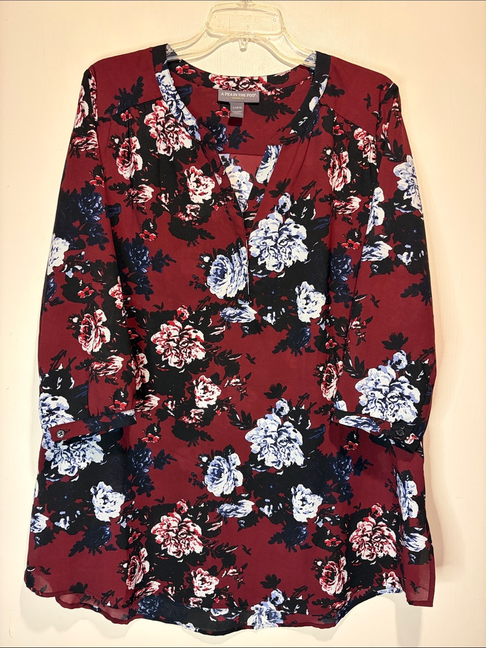 A Pea In The Pod Maroon Floral Sheer Half Sleeves Maternity Tunic Top‎ Size L